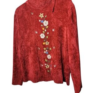 Alfred Dunner Red Chenille Sweater Lg. Cottagecore Acrylic Embroidery Pullover